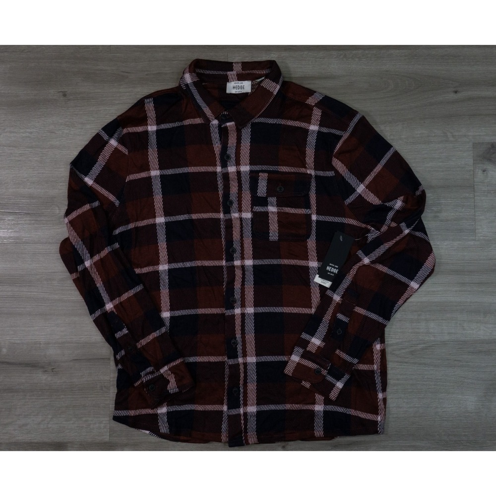 HEDGE Ultra Soft Stretch Knit Shirt Mens Small Long Sleeve Plaid 75MW110S Brown